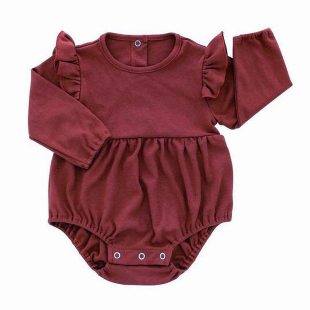MERLOT LONG SLEEVE FLUTTER BABY ONESIE